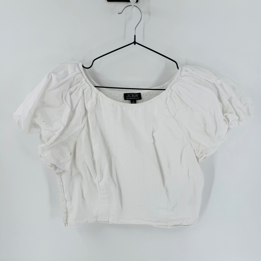 J. Crew White Cropped Puff Sleeve Top Size 14 Smocked Regenerative Cottin Poplin - Picture 8 of 8